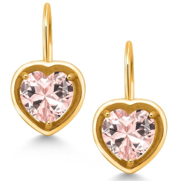 18K Yellow Gold 925 with 2.50 Cttw 7MM Peach Morganite Heart Leverback Earrings - Picture 2 of 5